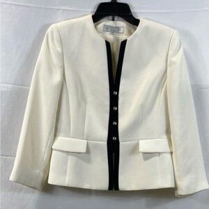 Tahari Arthur S Levine Petite Ivory Black Trim‎ Collarless Blazer Jacket 6P